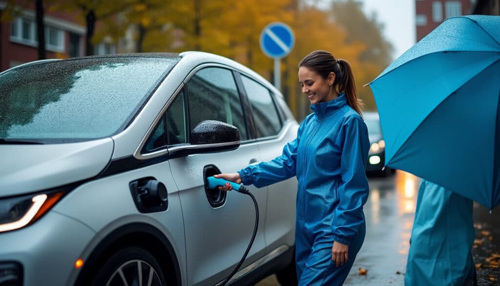 Recharger une voiture électrique sous la pluie en toute sécurité